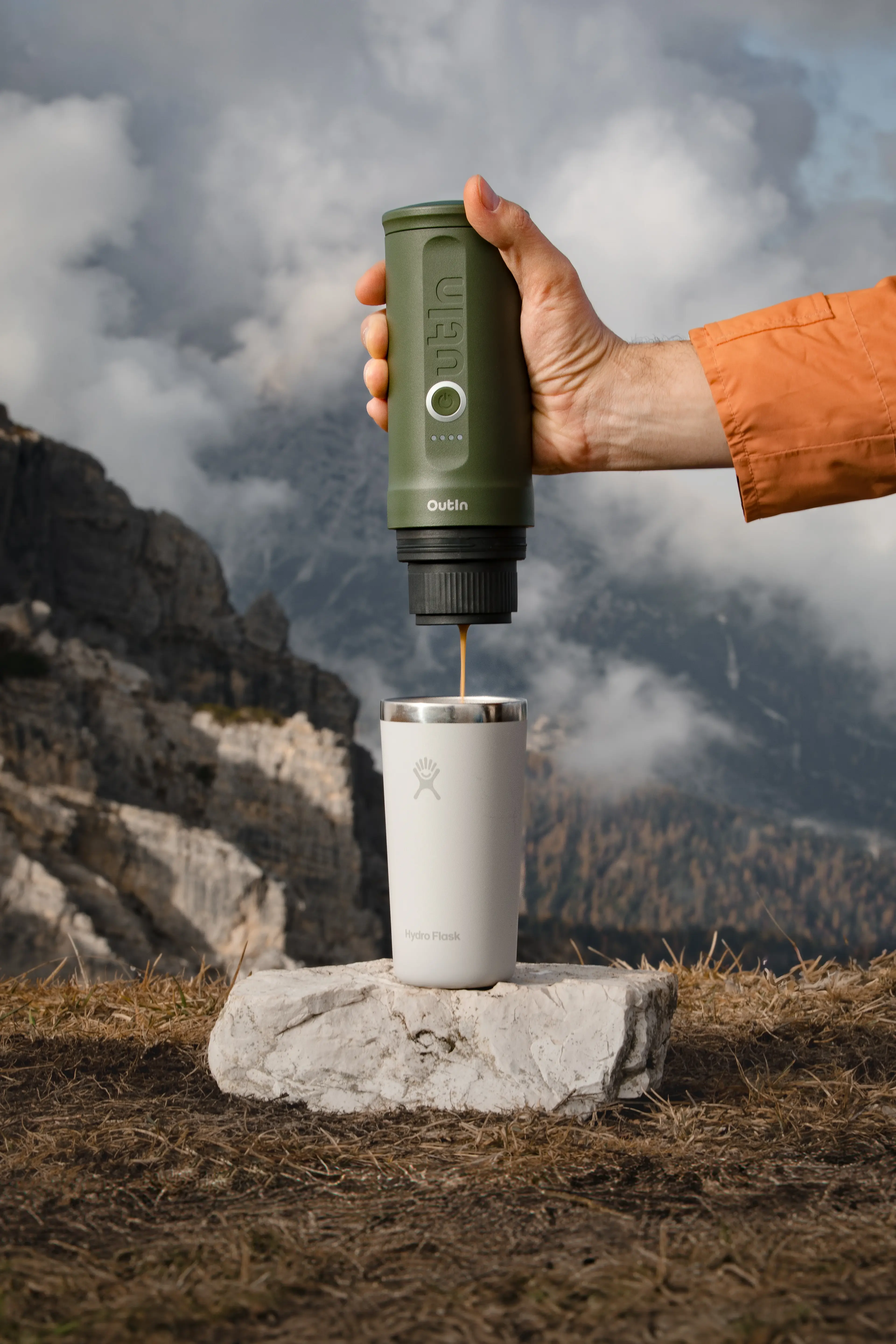 OutIn product shot making coffee outdoors